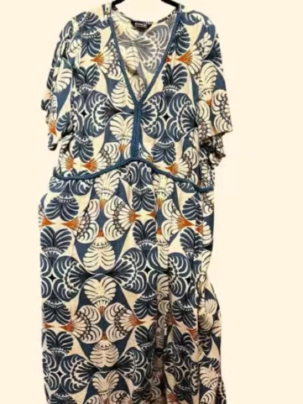 Printed V-Neck Maxi Dress - Blue & Cream
